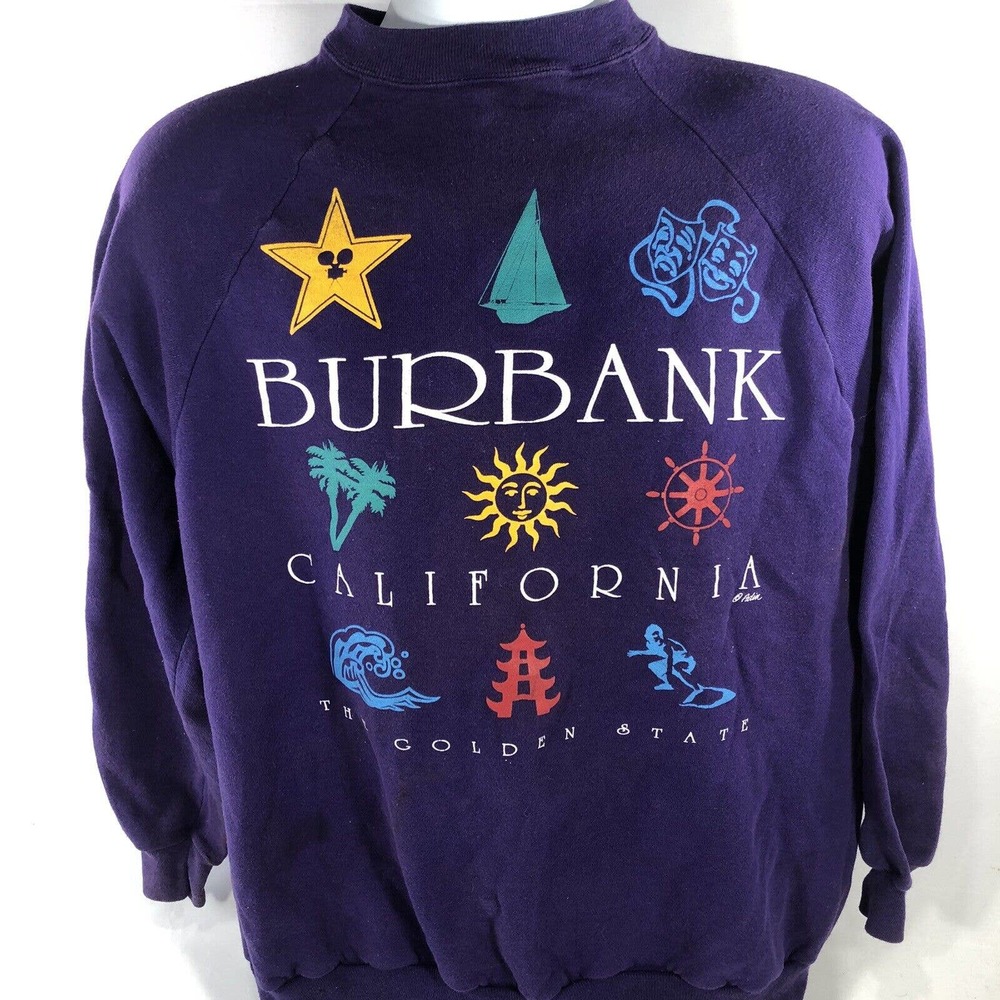 VTG BURBANK CALIFORNIA SWEATSHIRT LARGE PUPRLE GOLDEN STATE DISCOLORED/STAINED